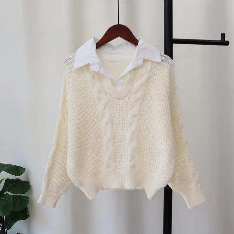 Women's sweaters with attached collar and cable knit V-neck