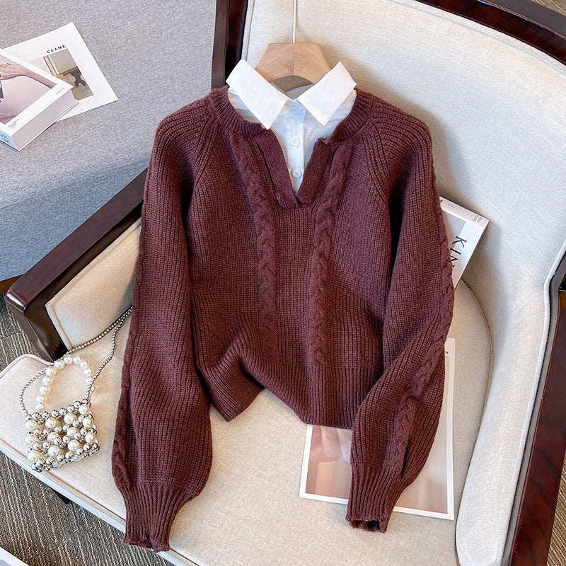 Women's sweaters with attached collar and cable knit V-neck