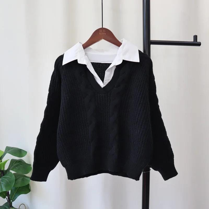 Women's sweaters with attached collar and cable knit V-neck