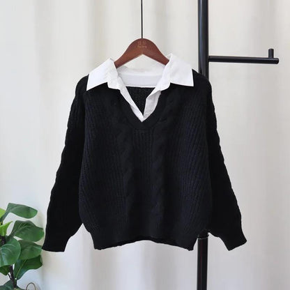 Women's sweaters with attached collar and cable knit V-neck