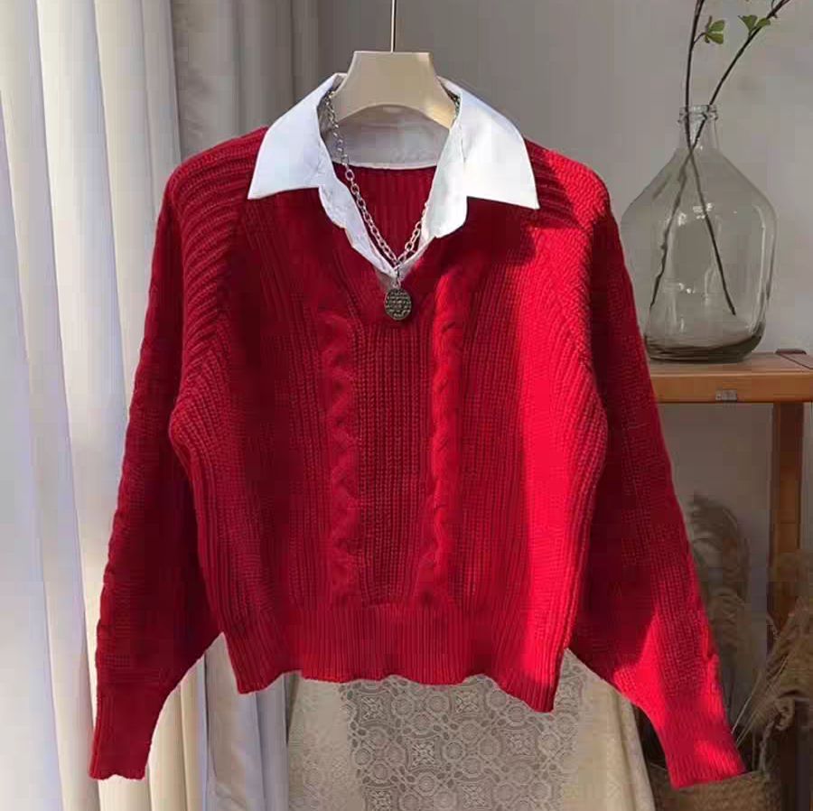 Women's sweaters with attached collar and cable knit V-neck