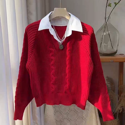 Women's sweaters with attached collar and cable knit V-neck