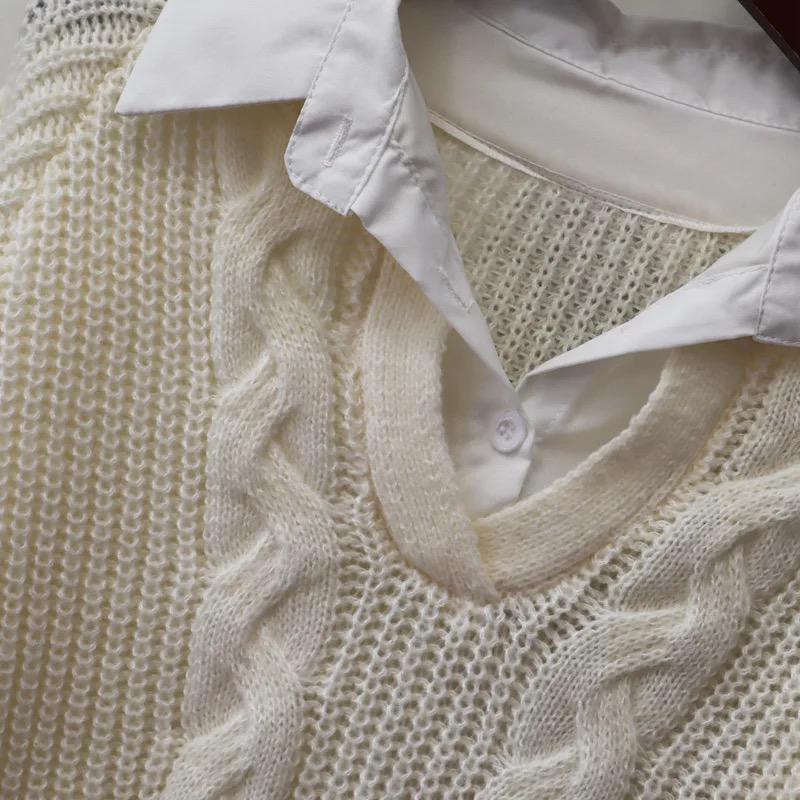 Women's sweaters with attached collar and cable knit V-neck
