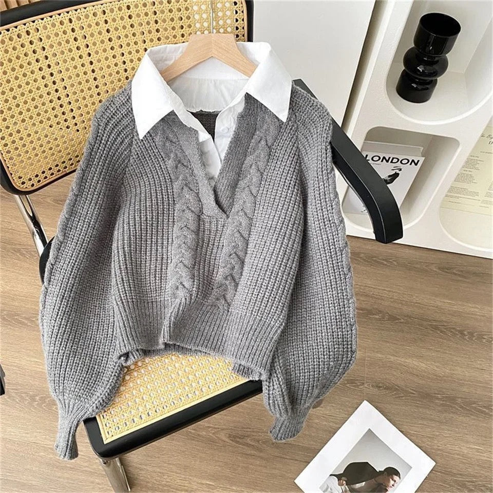 Women's sweaters with attached collar and cable knit V-neck
