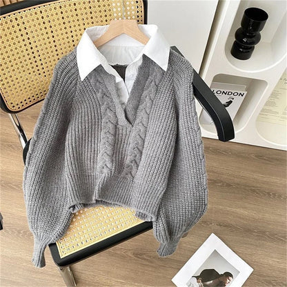 Women's sweaters with attached collar and cable knit V-neck
