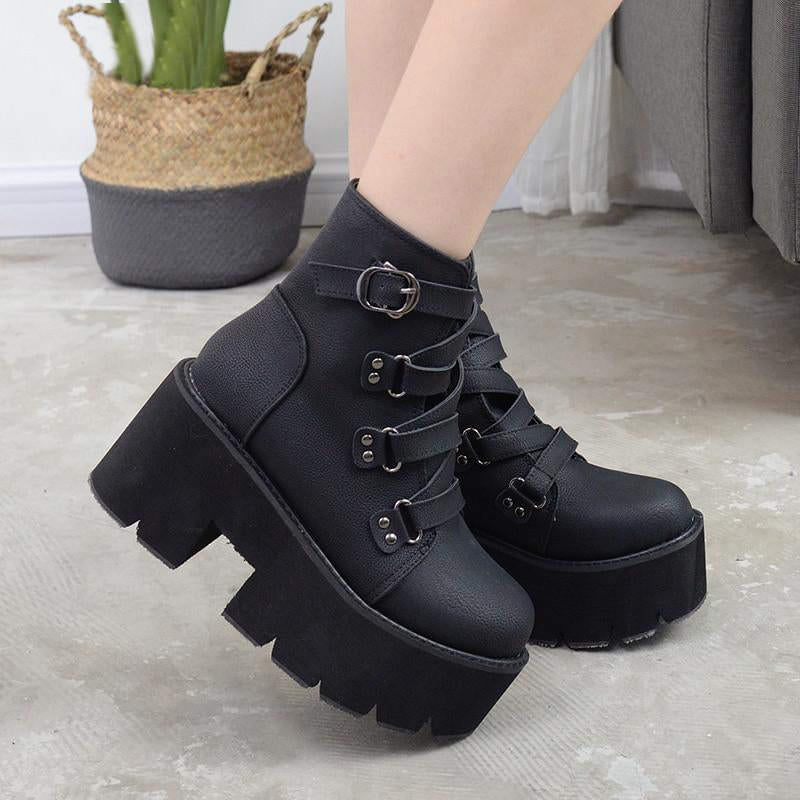 Platform ankle boots for women with buckle straps and chunky sole