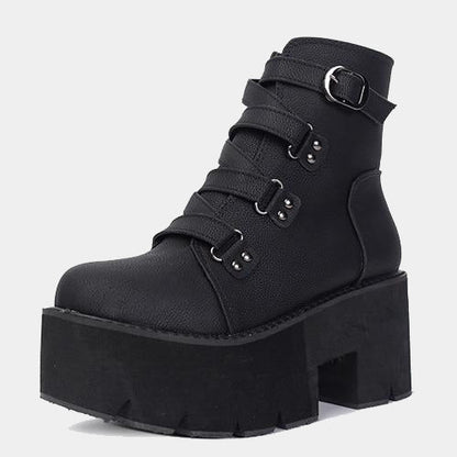 Platform ankle boots for women with buckle straps and chunky sole