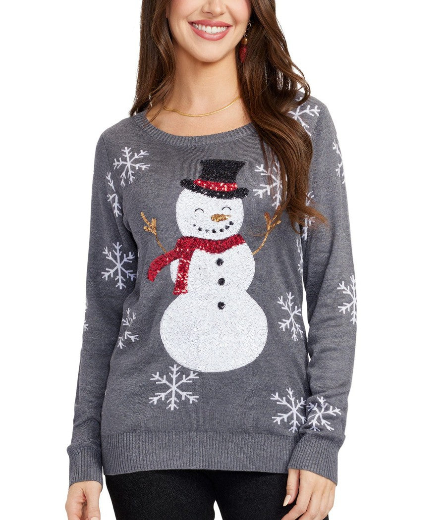 Womens Christmas sweater with sequin snowman and snowflake design