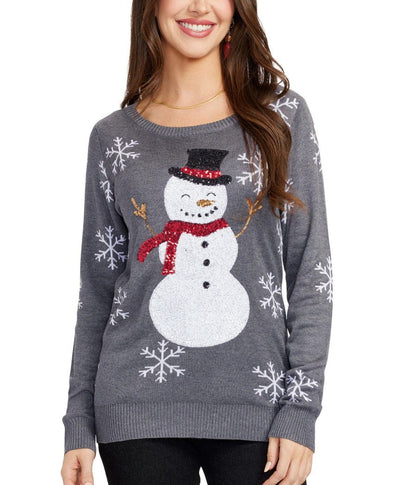 Womens Christmas sweater with sequin snowman and snowflake design