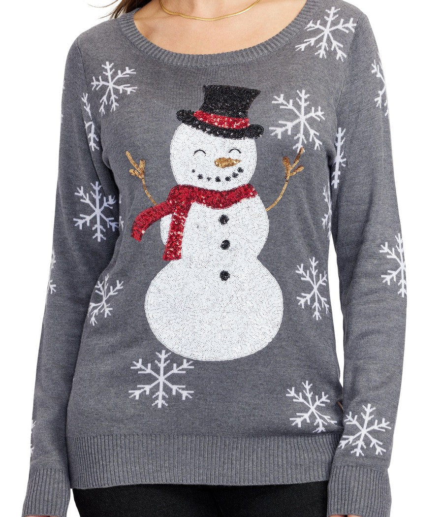 Womens Christmas sweater with sequin snowman and snowflake design