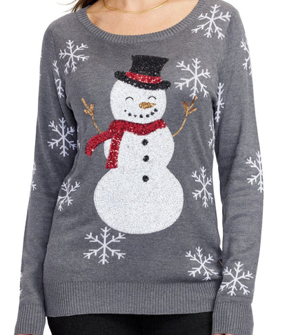 Womens Christmas sweater with sequin snowman and snowflake design