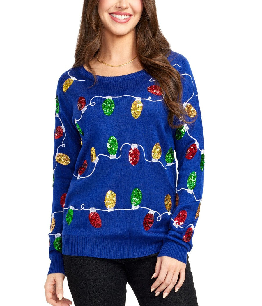 Womens Christmas sweater with sequin lights, long sleeve crew neck