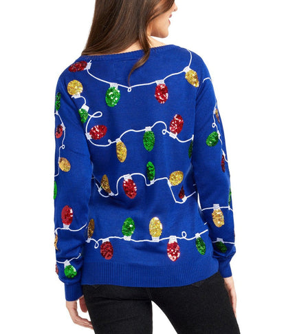 Womens Christmas sweater with sequin lights, long sleeve crew neck
