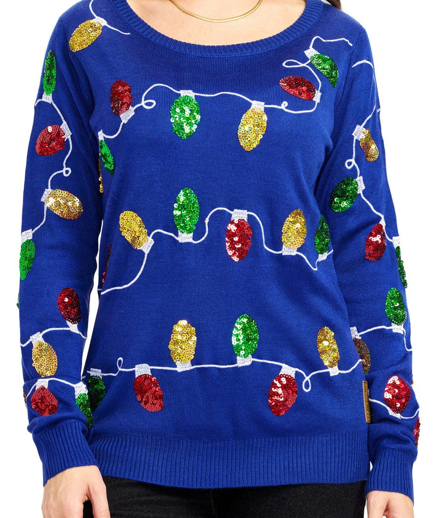 Womens Christmas sweater with sequin lights, long sleeve crew neck