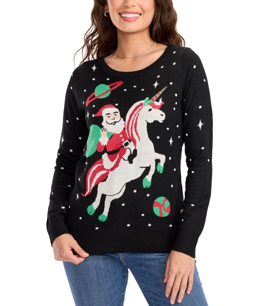 Womens christmas sweater with Santa unicorn graphic and crew neck