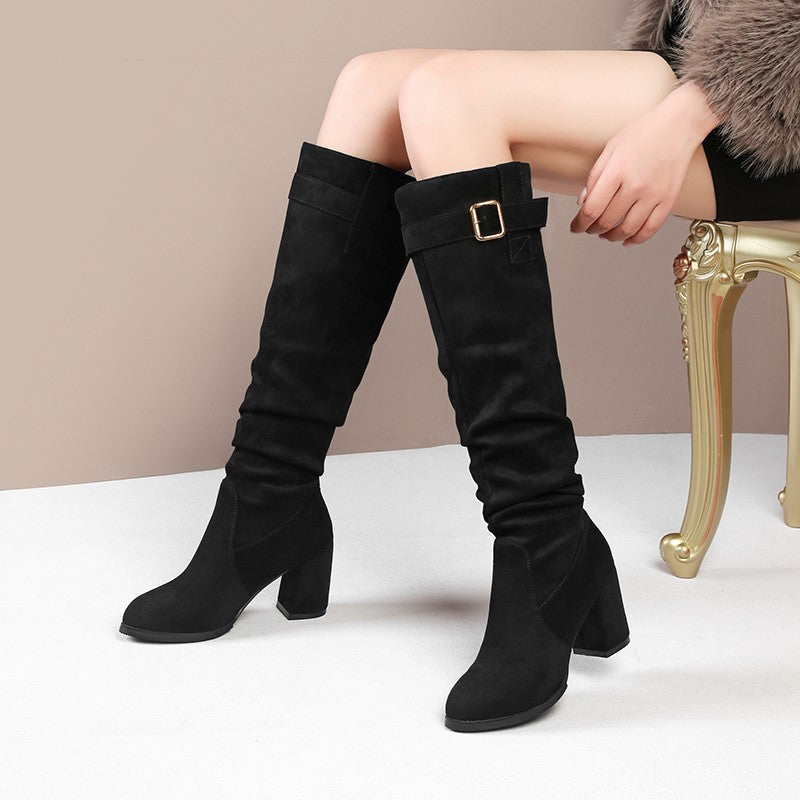 Slouch knee high boots with block heel and buckle for women