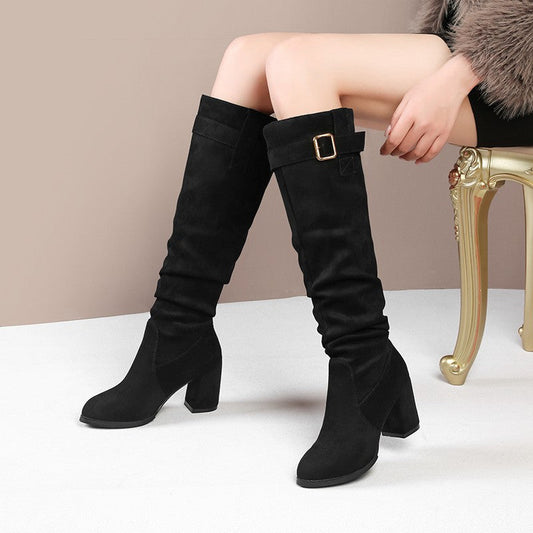 Slouch knee high boots with block heel and buckle for women