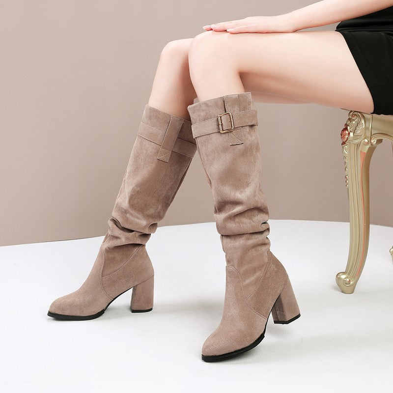 Slouch knee high boots with block heel and buckle for women