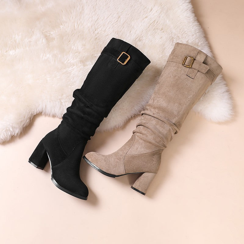 Slouch knee high boots with block heel and buckle for women