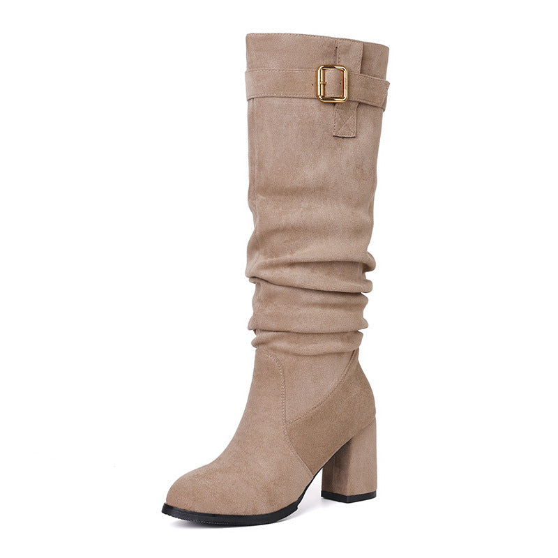 Slouch knee high boots with block heel and buckle for women