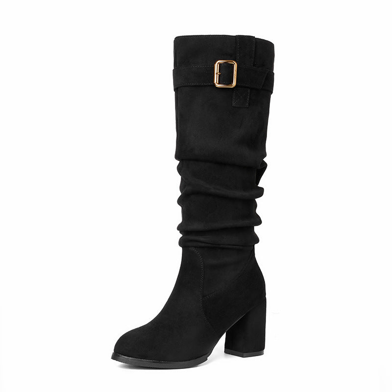 Slouch knee high boots with block heel and buckle for women