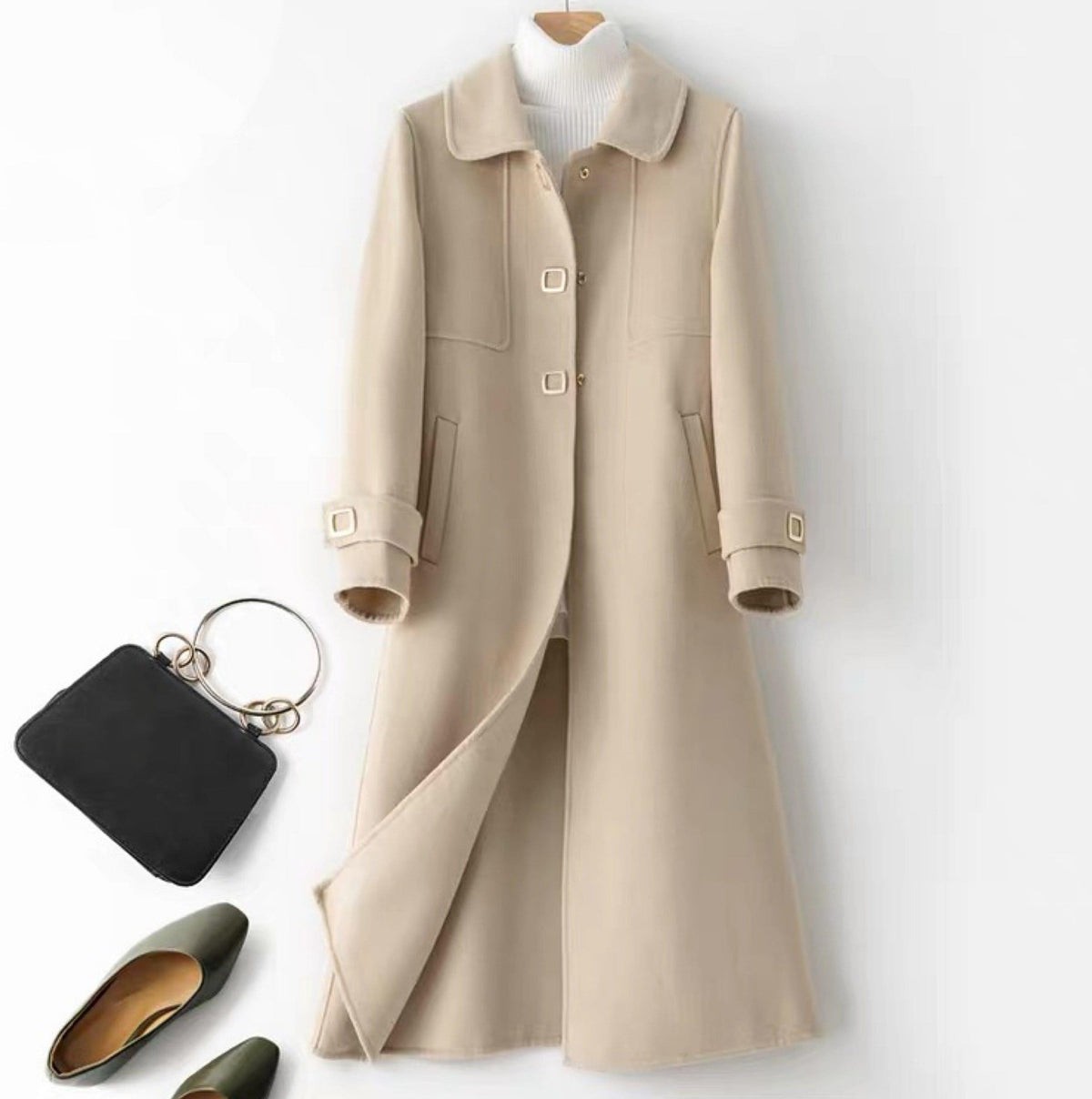 Long single breasted coat for women with waist seam and flared A-line shape