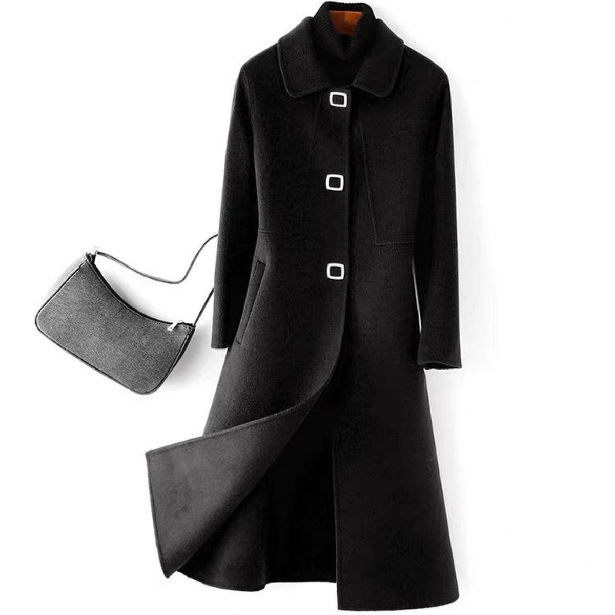Long single breasted coat for women with waist seam and flared A-line shape