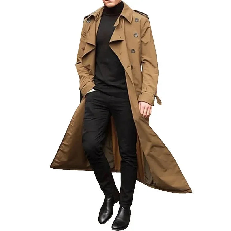 Men's double breasted trench coat, long belted coat with lapels