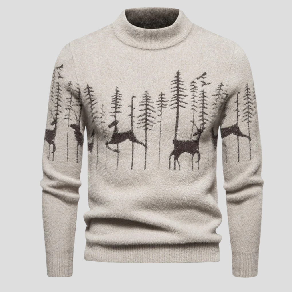 Ugly Christmas sweater for men with mock neck and reindeer print
