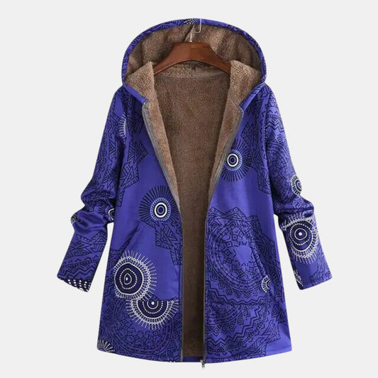 Hooded zip up jacket with mandala print and pockets for women