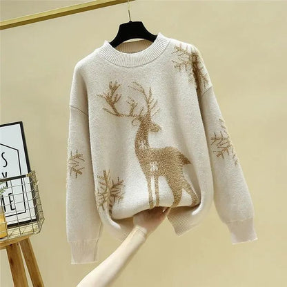 Womens christmas sweater with reindeer and snowflake design, oversized fit, ribbed cuffs