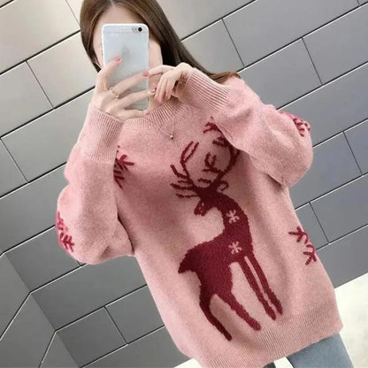 Womens christmas sweater with reindeer and snowflake design, oversized fit, ribbed cuffs