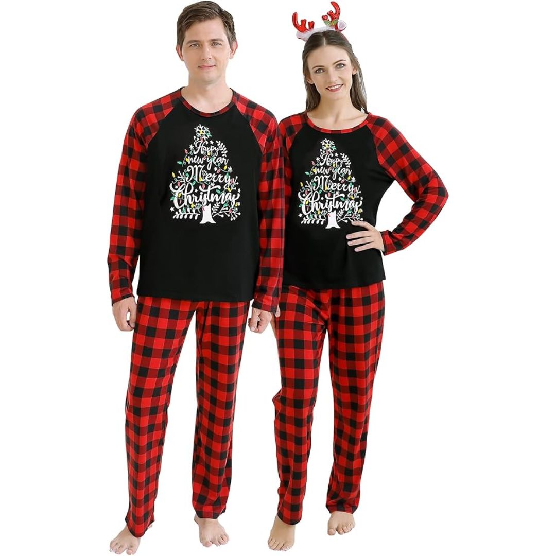 Christmas pajamas set with Christmas tree graphic raglan top and plaid pants