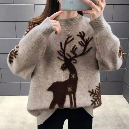 Womens christmas sweater with reindeer and snowflake design, oversized fit, ribbed cuffs