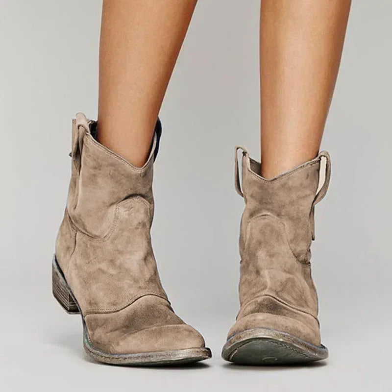 Ankle cowboy boots for women with pull tabs, pointed toe and low block heel