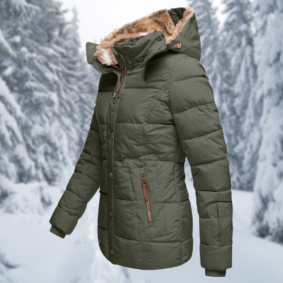 Womens puffer jacket with hood, zip and snap button front for winter