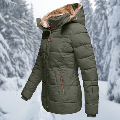 Womens puffer jacket with hood, zip and snap button front for winter