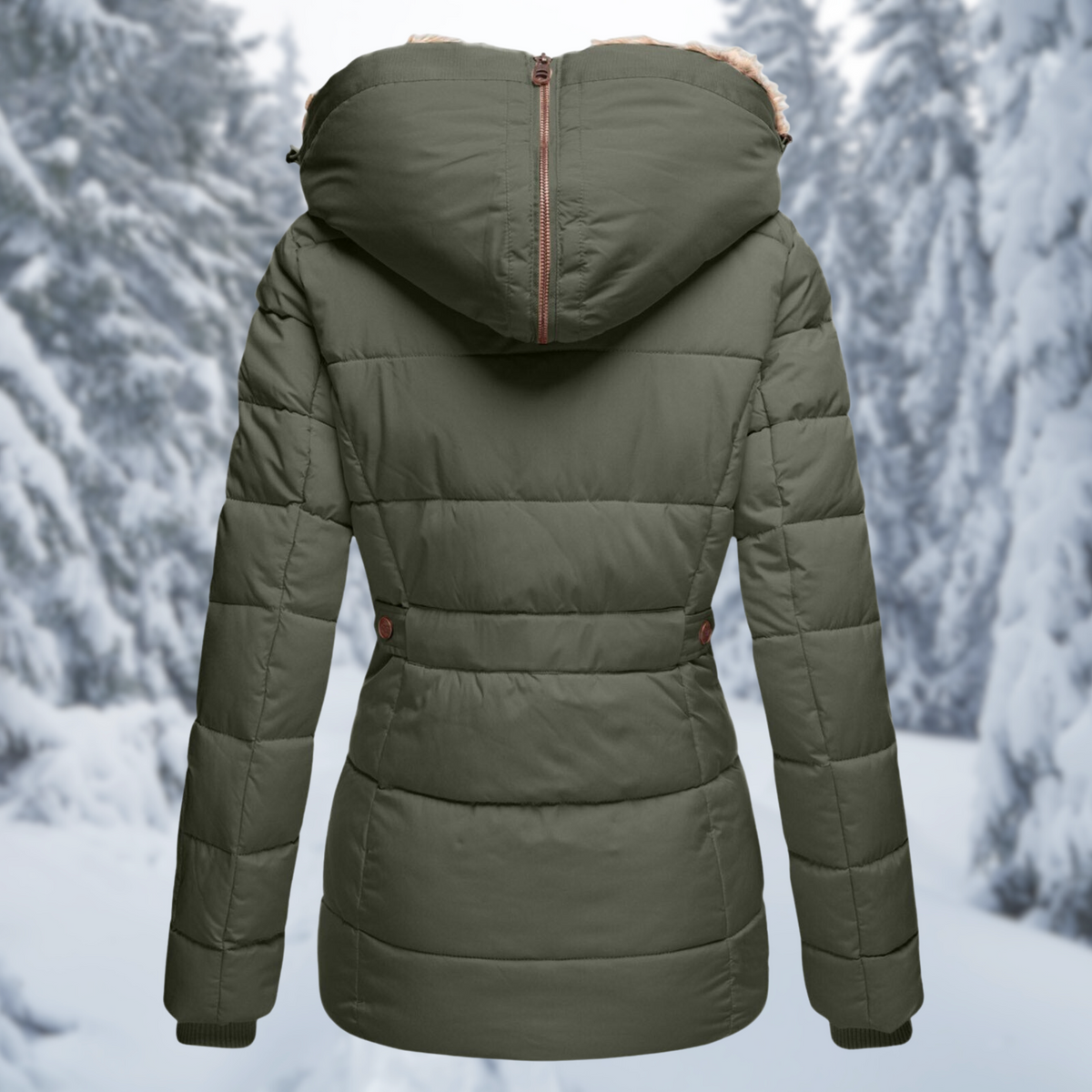 Womens puffer jacket with hood, zip and snap button front for winter