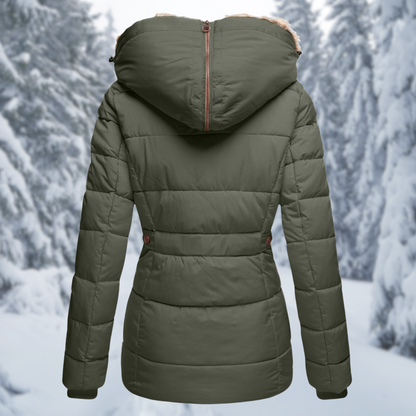 Womens puffer jacket with hood, zip and snap button front for winter