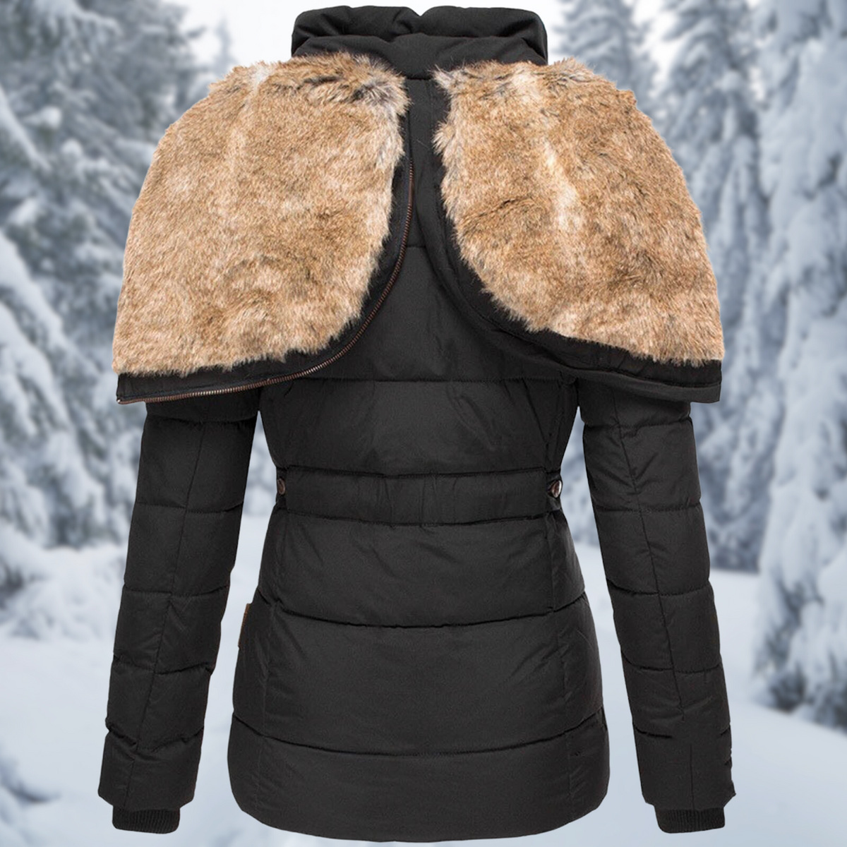 Womens puffer jacket with hood, zip and snap button front for winter