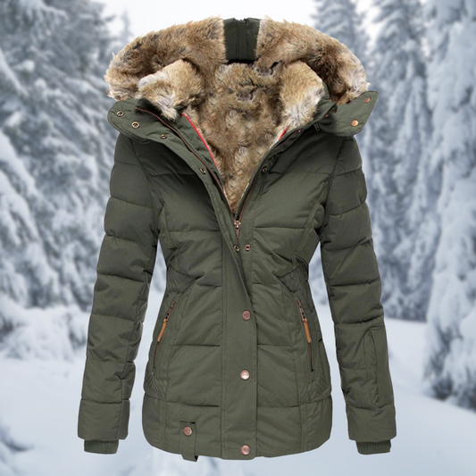 Womens puffer jacket with hood, zip and snap button front for winter