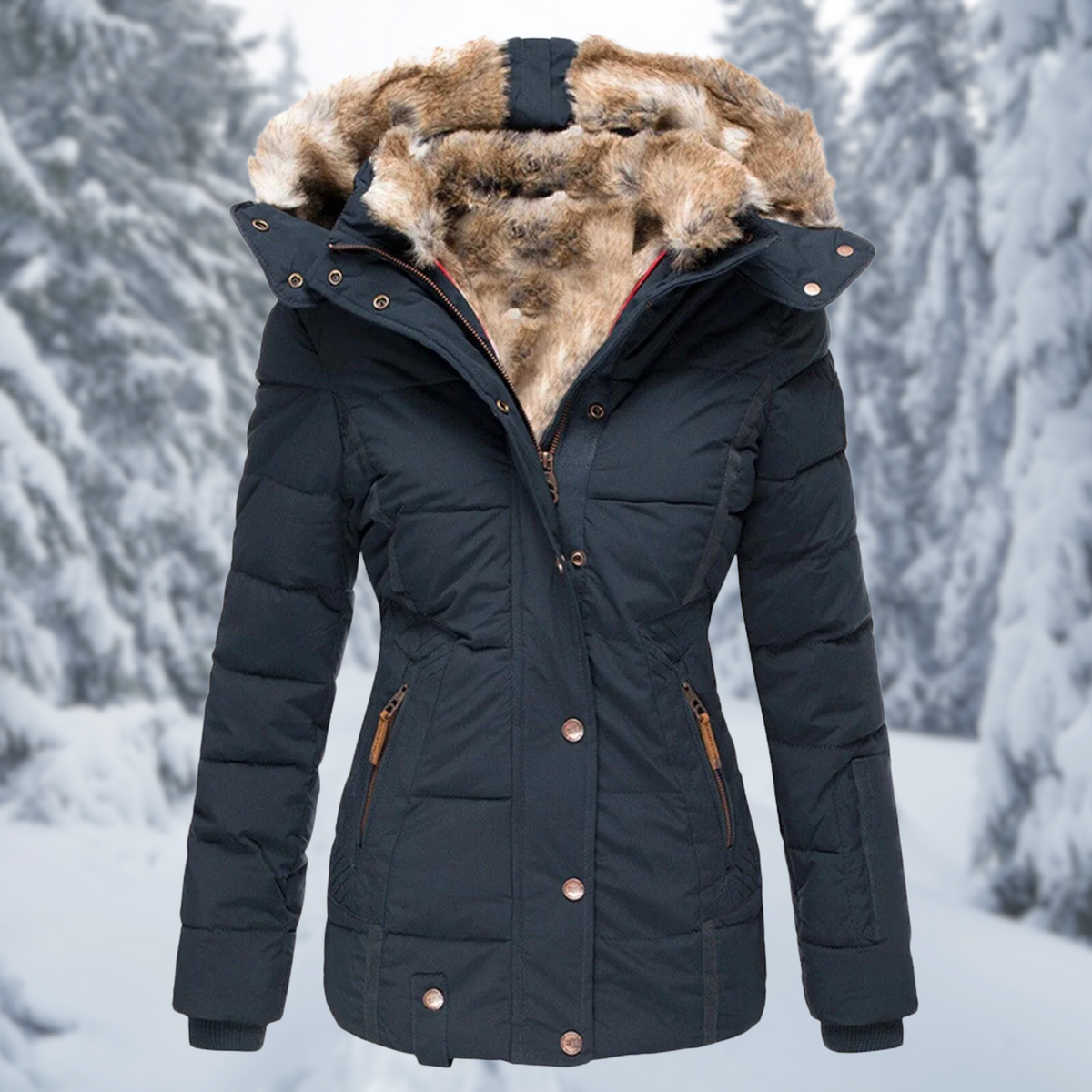 Womens puffer jacket with hood, zip and snap button front for winter