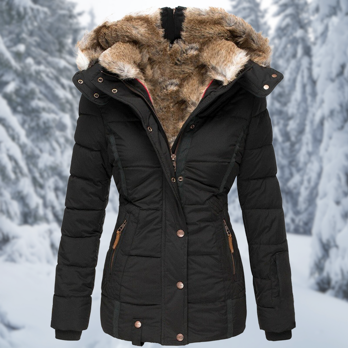 Womens puffer jacket with hood, zip and snap button front for winter