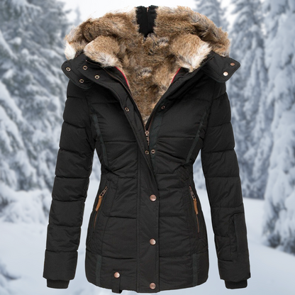 Womens puffer jacket with hood, zip and snap button front for winter
