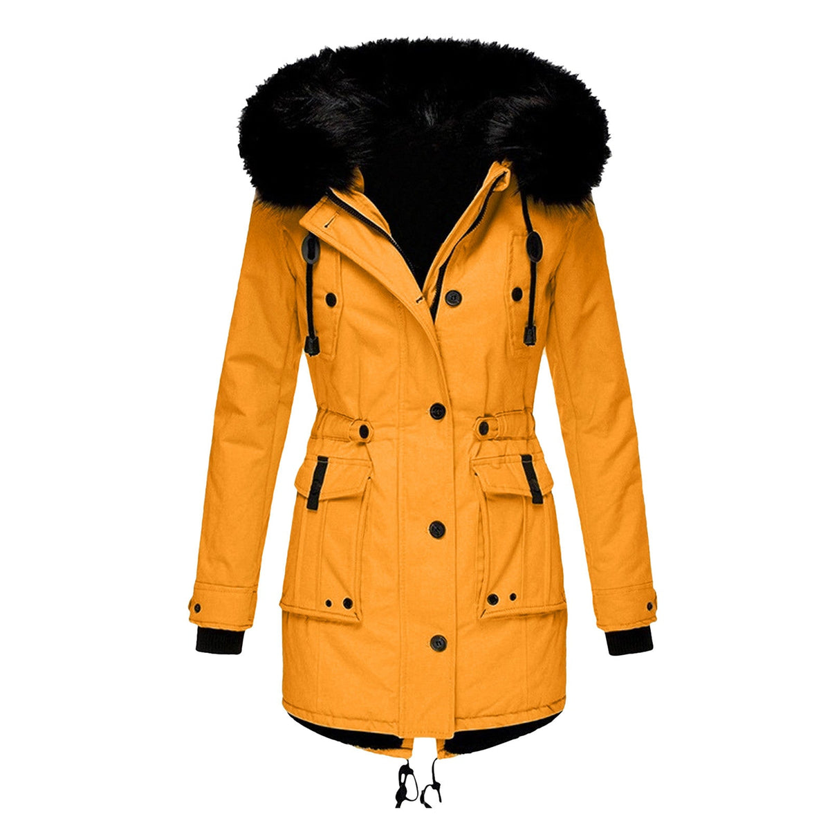 Hooded puffer jacket for women with faux fur trim and drawstring waist