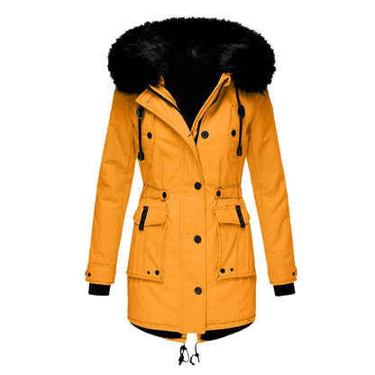 Hooded puffer jacket for women with faux fur trim and drawstring waist
