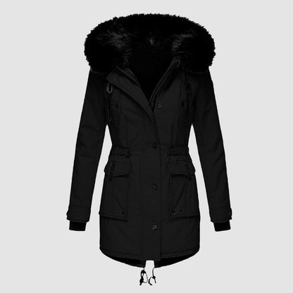 Hooded puffer jacket for women with faux fur trim and drawstring waist