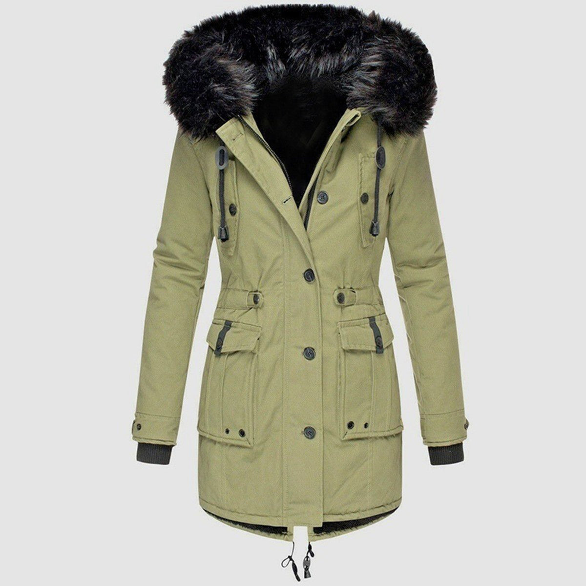 Hooded puffer jacket for women with faux fur trim and drawstring waist