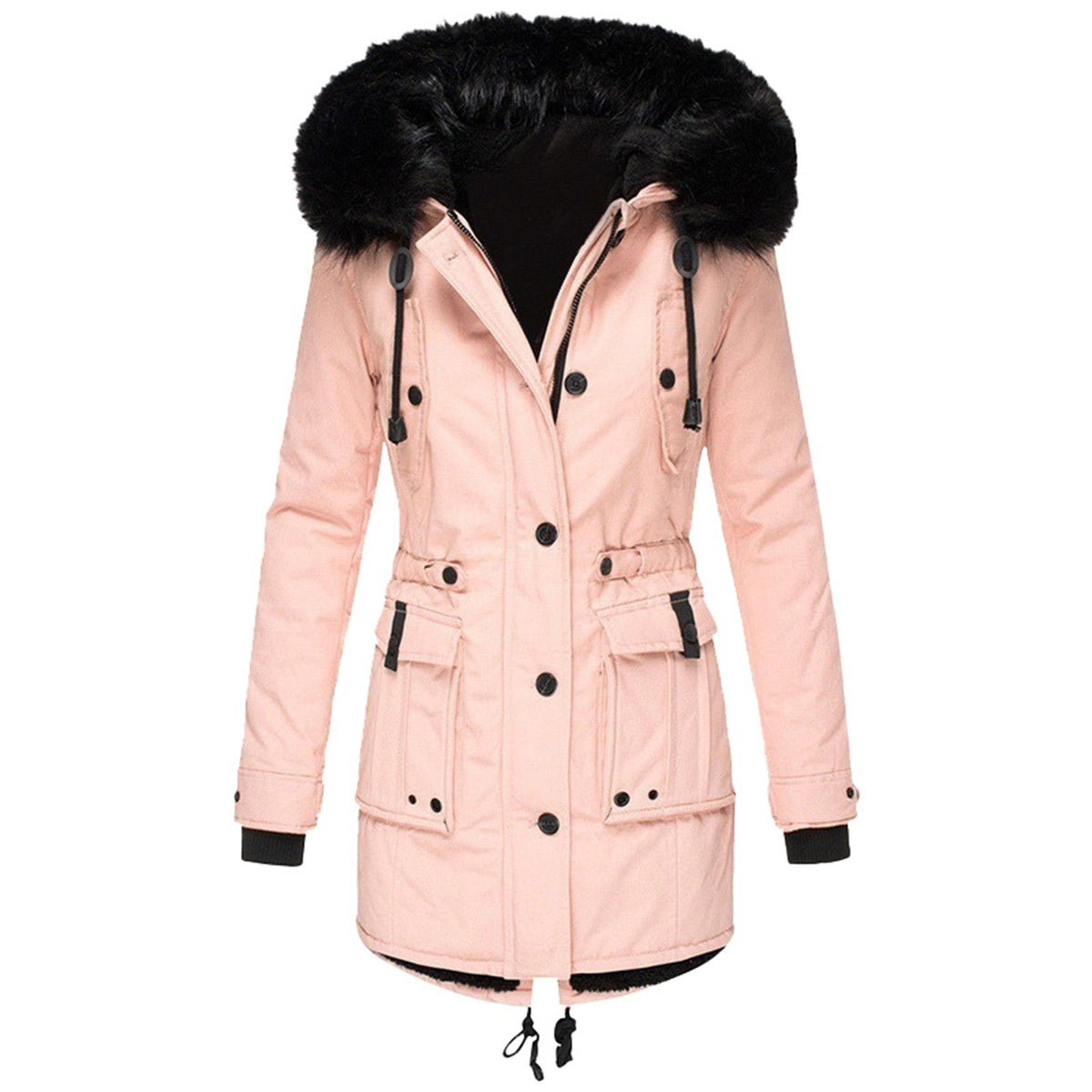 Hooded puffer jacket for women with faux fur trim and drawstring waist