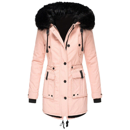 Hooded puffer jacket for women with faux fur trim and drawstring waist
